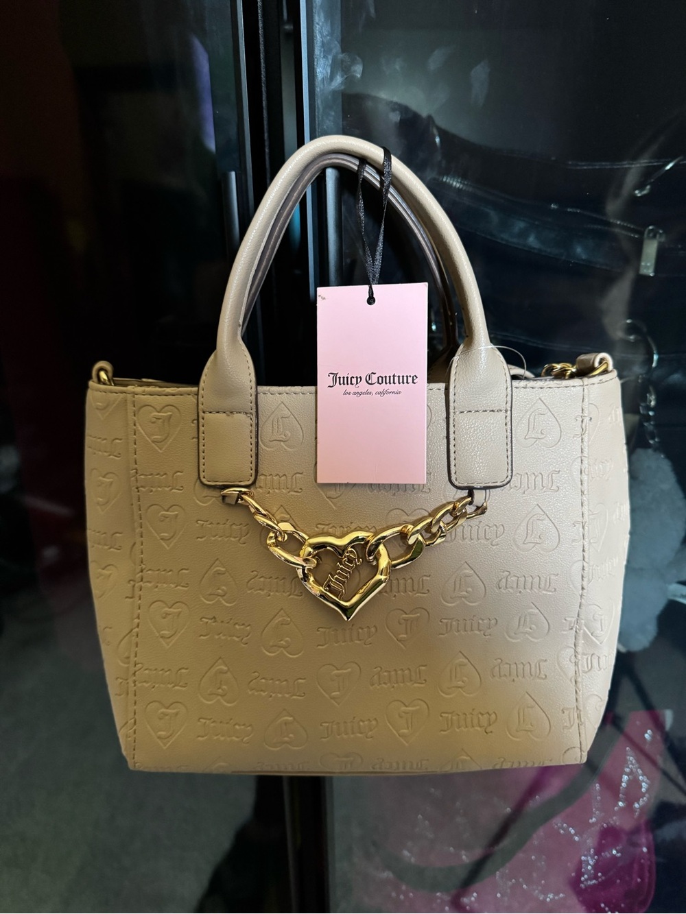 Juicy Couture Taupe Embossed Satchel with Gold Heart Chain